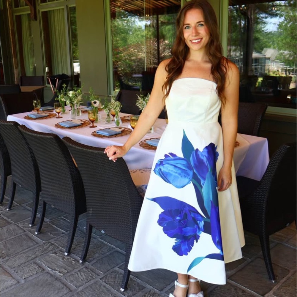 Mac Duggal Strapless White Midi Dress with Blue Floral